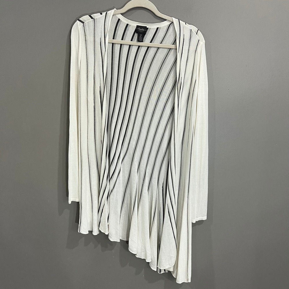 Chico's Travelers Cardigan Women Size 2 White Black Great Asymmetrical Striped